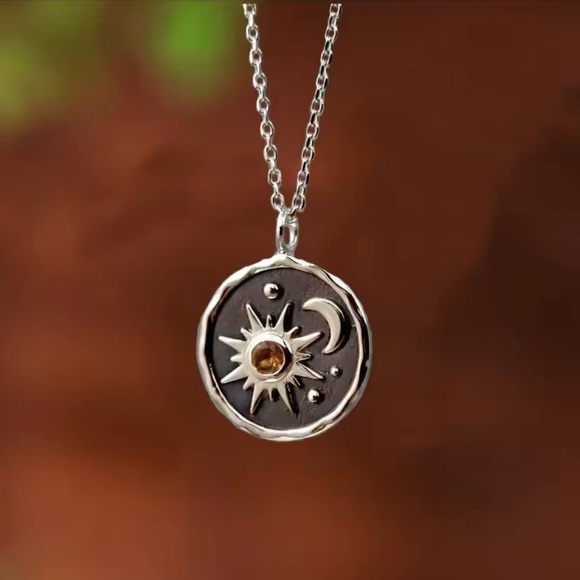 Moon Goddess Emporium Jewelry - 18K White Gold Sun And Moon Medallion Pendant With Amber Gemstone Inlay